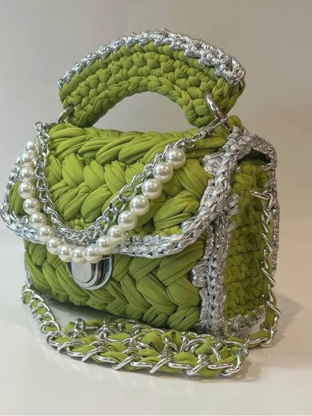 Woven Pearl-Accent Lime Green Crochet Handbag